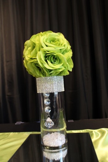 small bling, apple green flowerball centerpiece and mirror